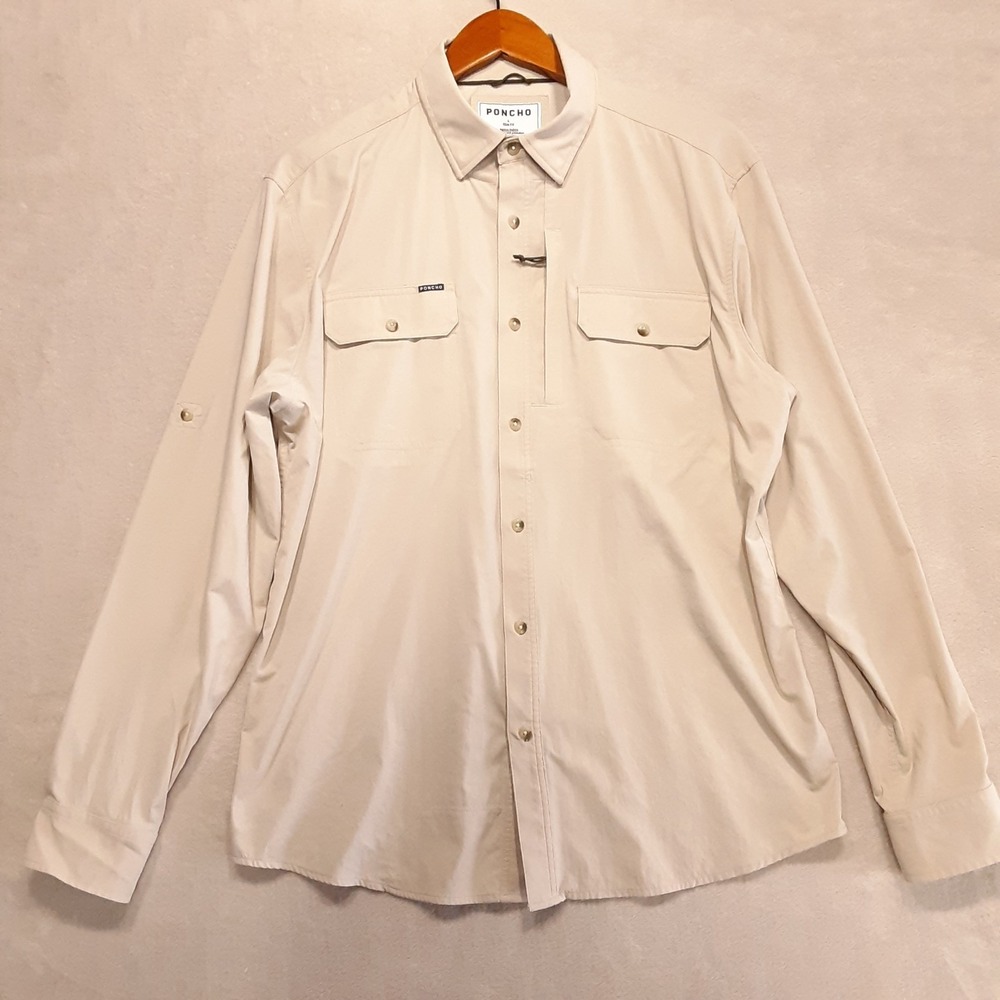 Poncho Mens Long Sleeve Hey Buddy Performance Shirt L Tan SLIM Magnetic Pockets